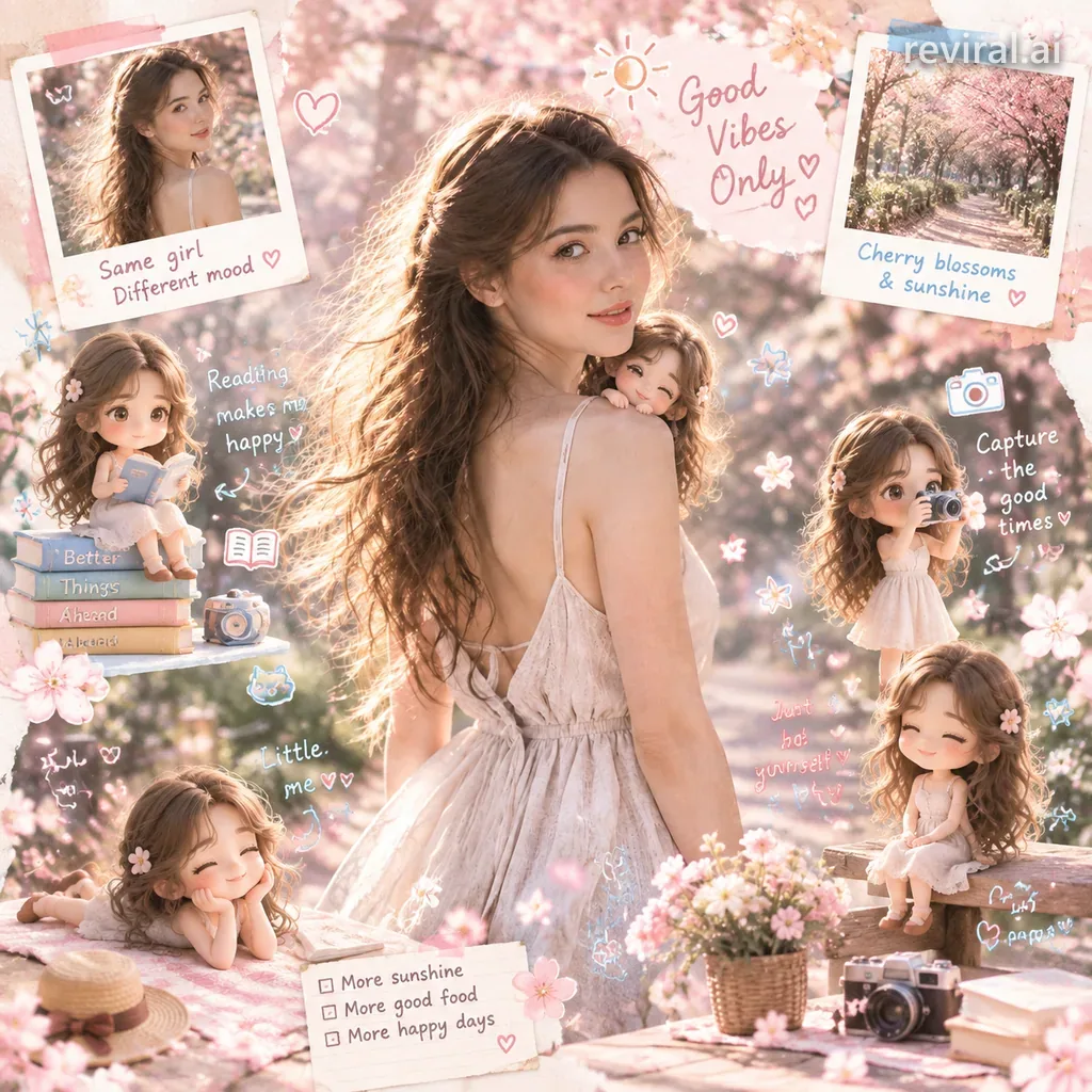 Scrapbook-style photo with tiny chibi versions of the same person around the scene