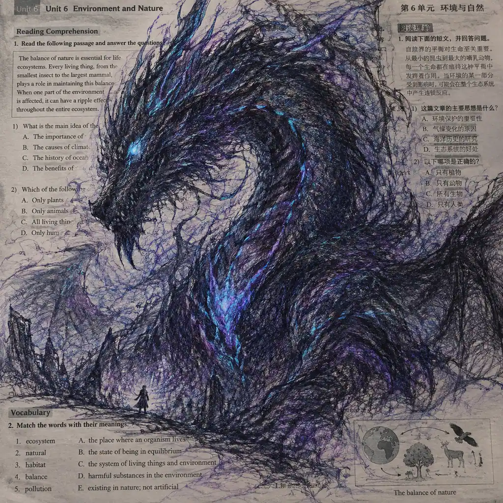 Dense ballpoint scribble of a colossal dragon over a printed exam paper with neon accents