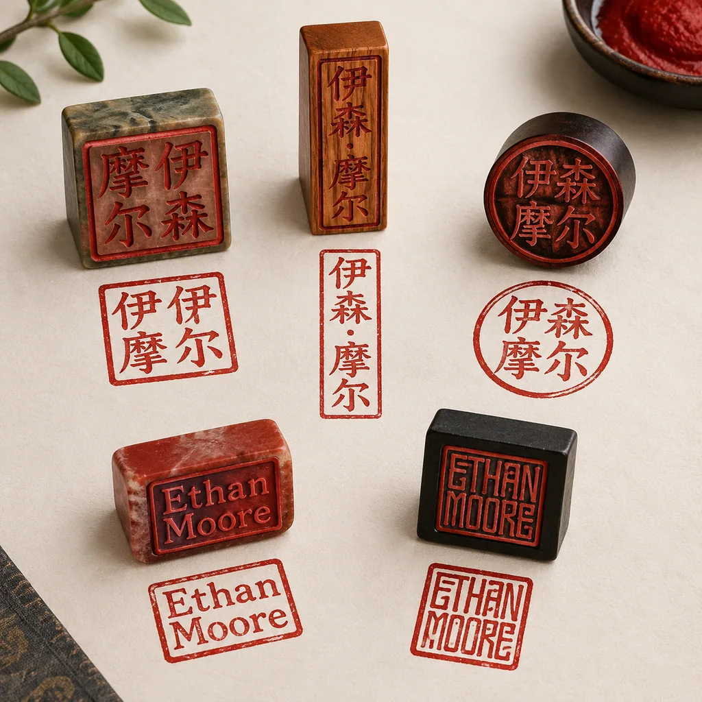 Set of traditional red seal carving stamps designed for a famous entrepreneur name