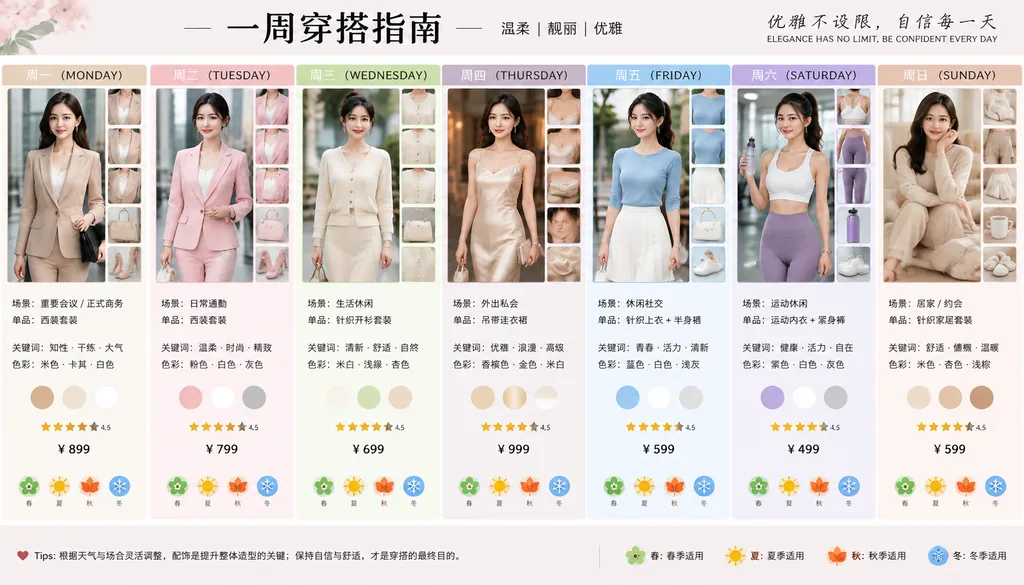 Seven day outfit lookbook infographic with a model in gentle, elegant looks and bilingual titles