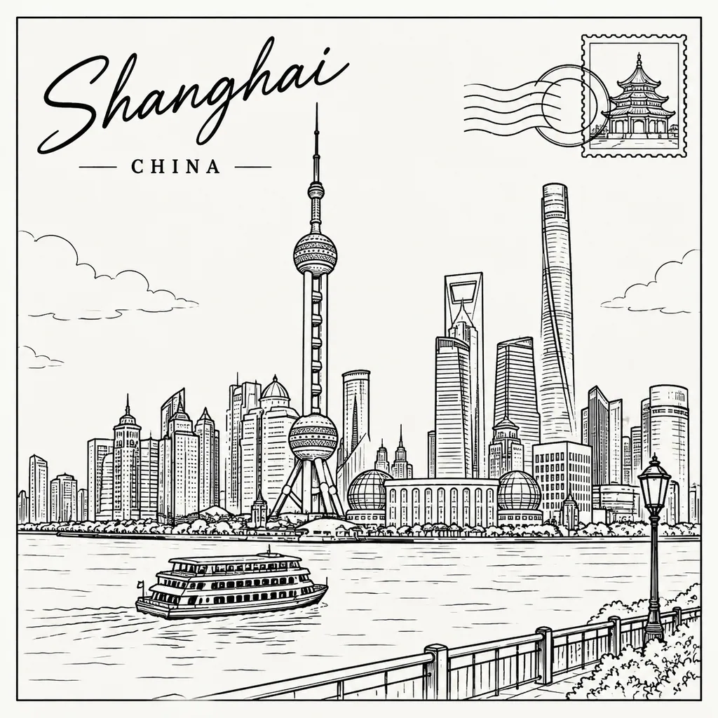 Black line art postcard of the Shanghai skyline and landmarks on white paper