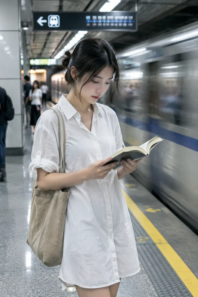 Candid photo of a young woman on a Shanghai metro platform as a train arrives