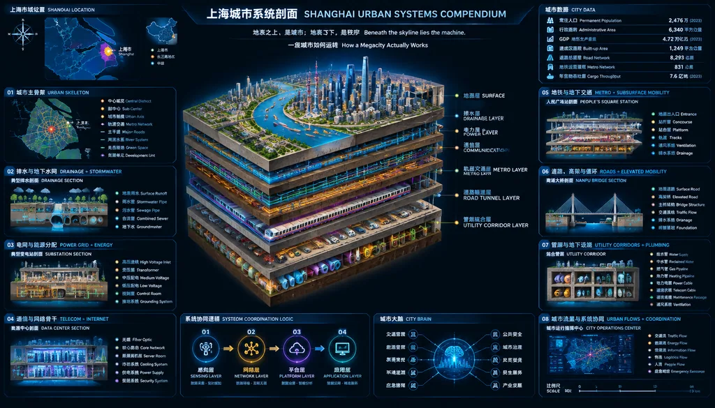 Isometric cutaway map of Shanghai city systems glowing blue, gold and purple on a dark background