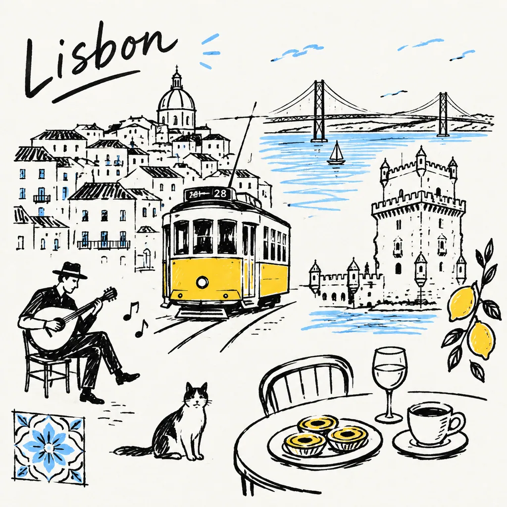 Black marker travel notebook doodle of a destination with one accent color