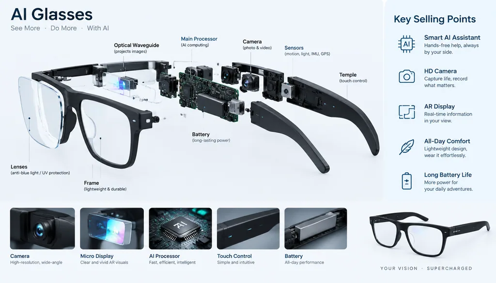 Exploded view of smart glasses with each component labeled and key selling points listed