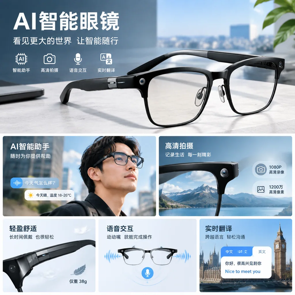 Ecommerce detail page for smart glasses with feature callouts and lifestyle shots
