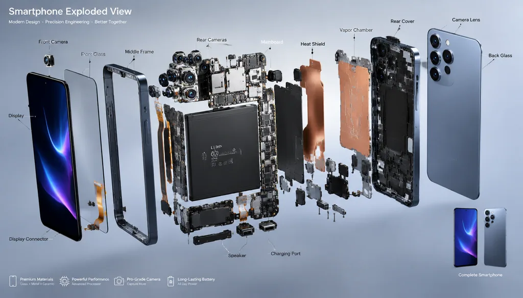 3D exploded view of a smartphone with every internal component floating apart in layers