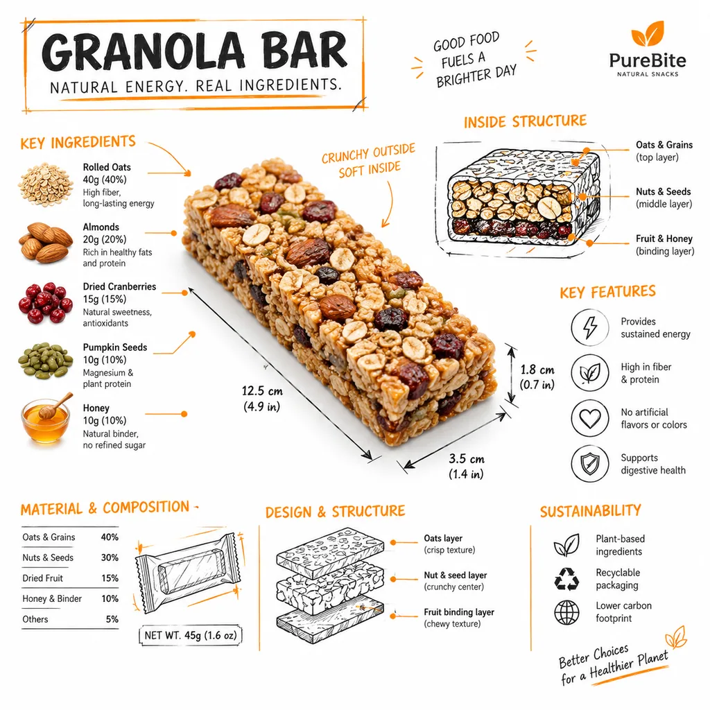 Granola bar photo overlaid with black sketch annotations, cross-section and orange accent callouts