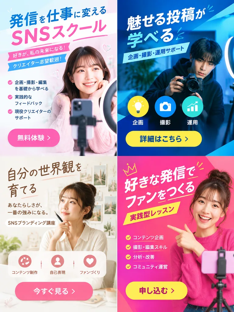 Grid of four pastel banner ads for a social media content creation school with smiling women