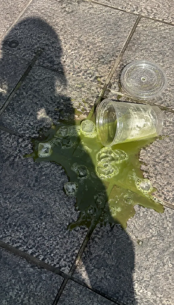 Phone photo of a spilled green iced drink and plastic cup on stone pavement