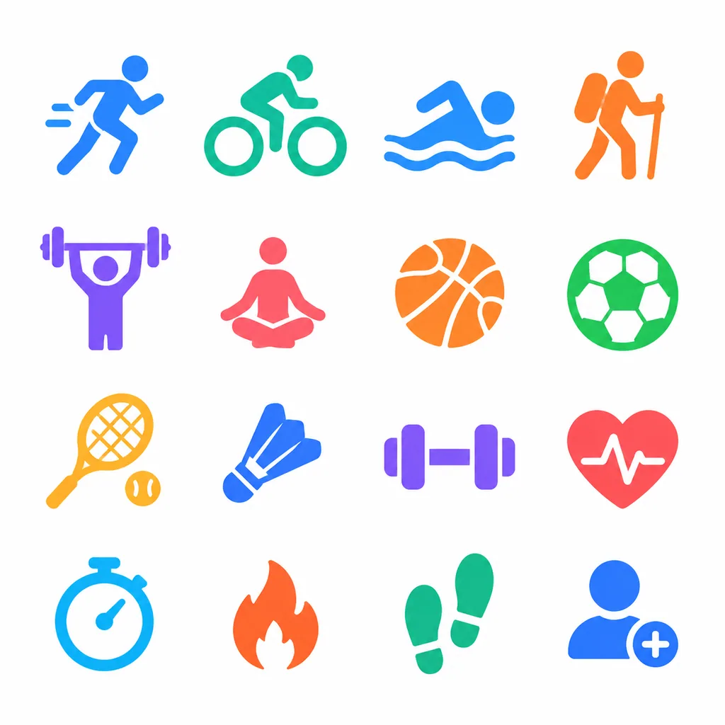 Set of clean line icons for a sports and fitness app arranged on a grid