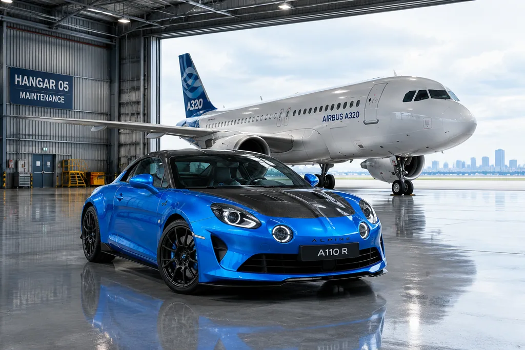 Blue sports car parked in front of a white airliner inside a polished aircraft hangar