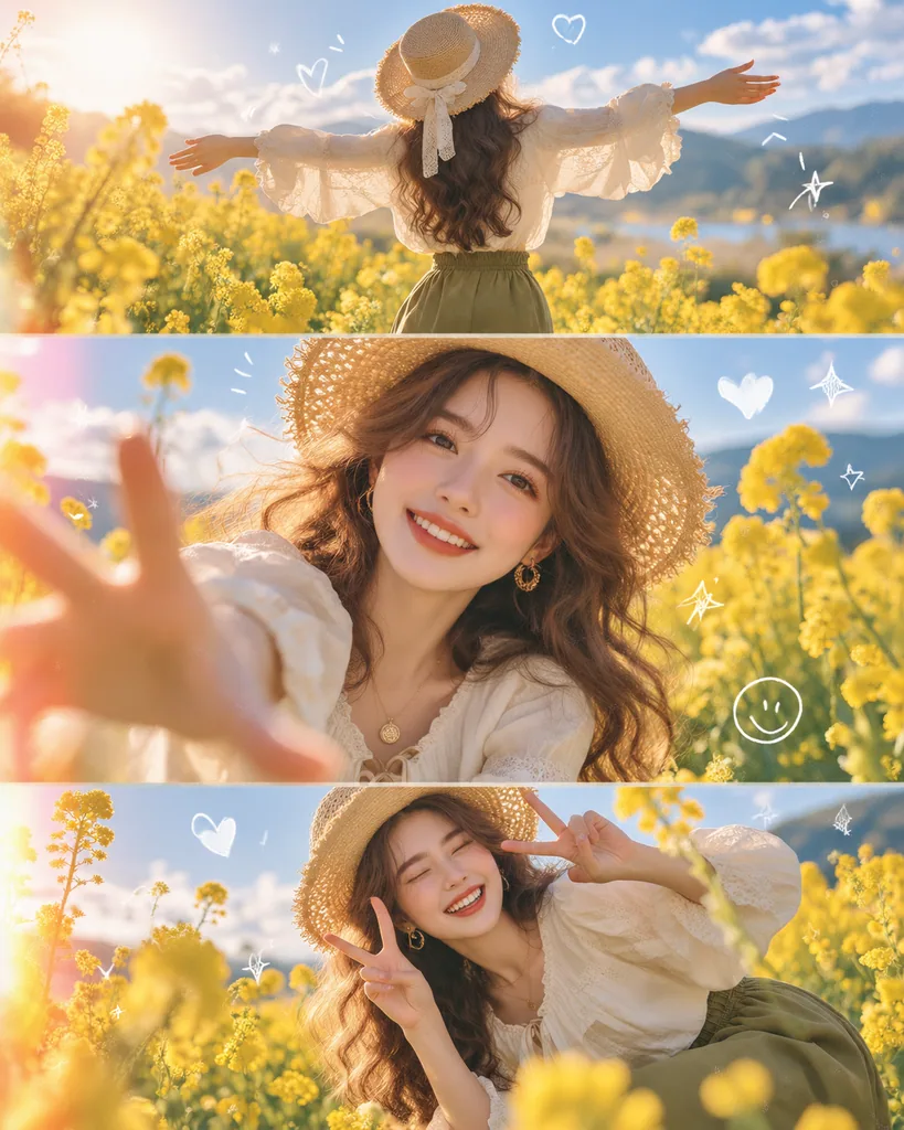 Three-panel vertical collage of a woman in a straw hat in a sunlit flower field