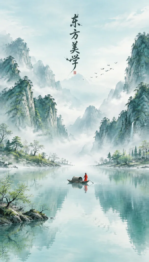 Ink wash poster of misty spring peaks, a calm lake and a small boat with a red clad figure
