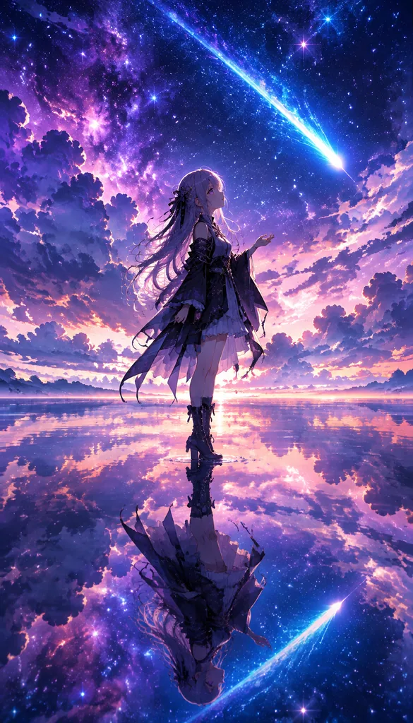 Fantasy illustration of a girl standing on a mirror lake under a pink purple sky and blue meteor