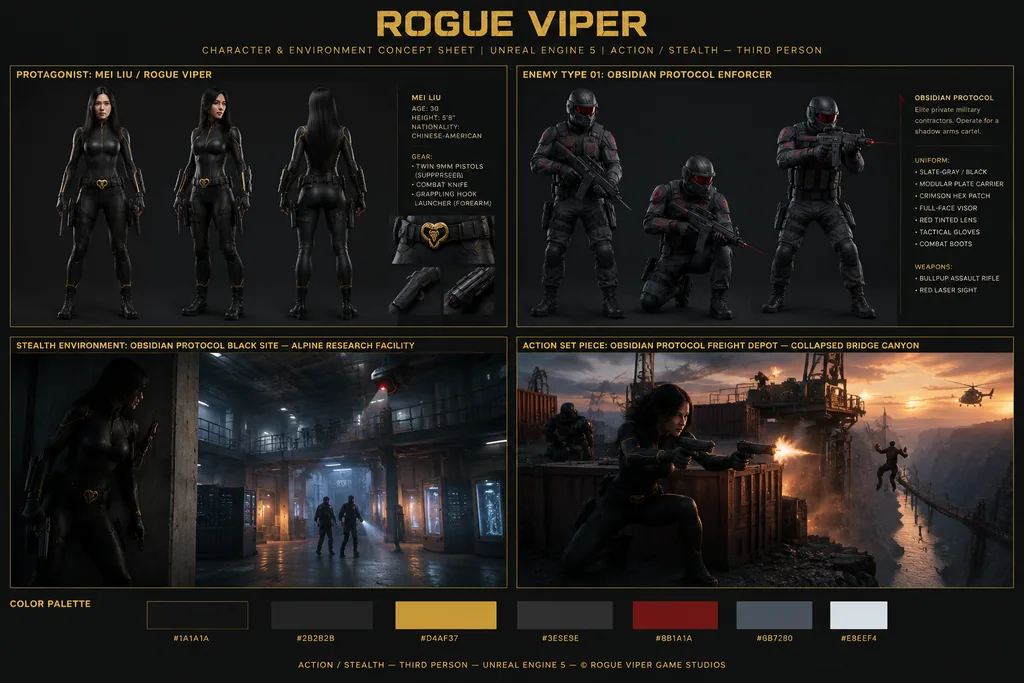 Game concept art sheet for ROGUE VIPER with character views on a charcoal layout