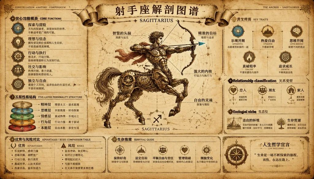 Vintage parchment poster showing Sagittarius as a steampunk machine of gears and pipes
