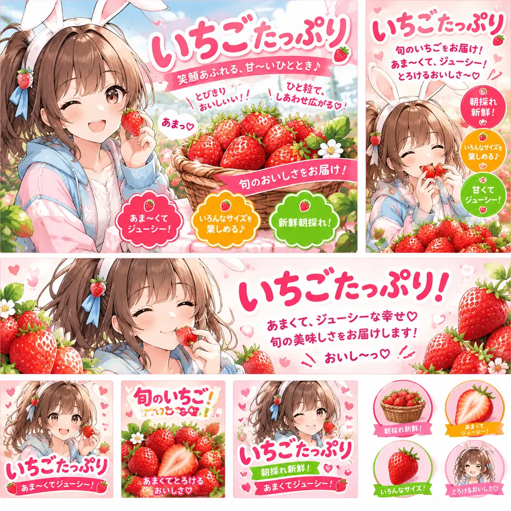 Set of anime strawberry promo banners with a bunny-eared girl and baskets of berries