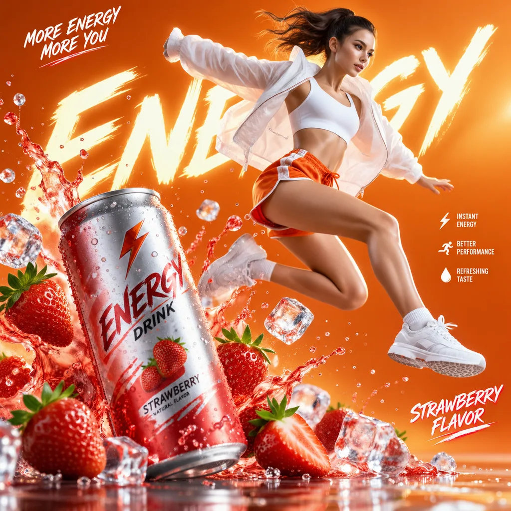 Athletic woman leaping mid-air amid strawberry liquid splashes and ice beside an energy drink can