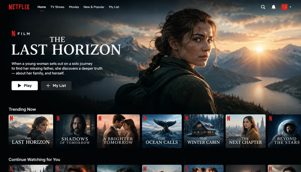 Streaming service homepage UI with a hero movie banner and title