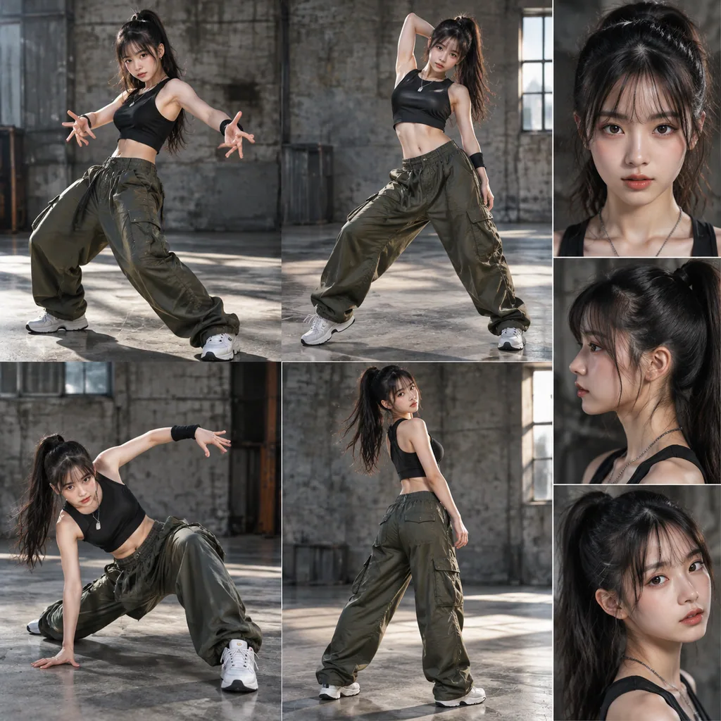 Character sheet of an Asian street dancer with four dance poses and head views