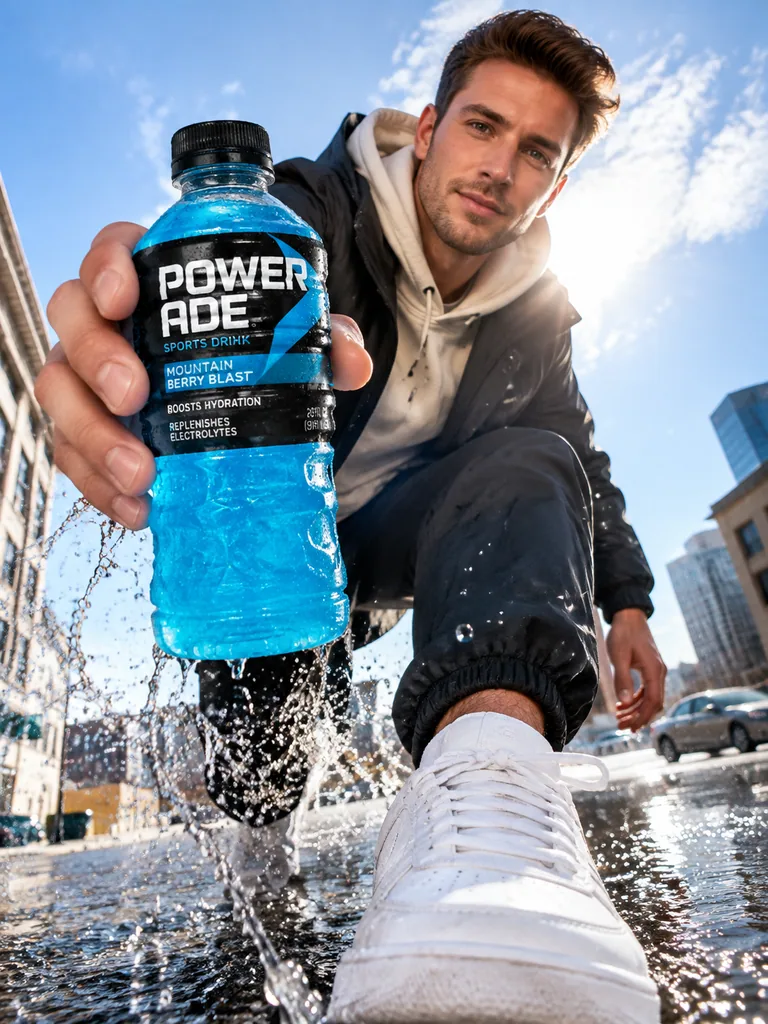 Low wide-angle shot of a male model on a street pushing a drink bottle toward the camera