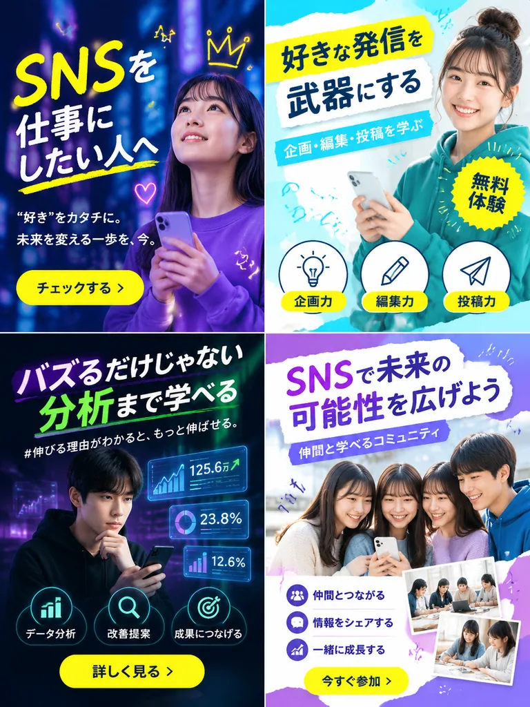 Four banner ads for a social media school aimed at students, including a dark neon panel