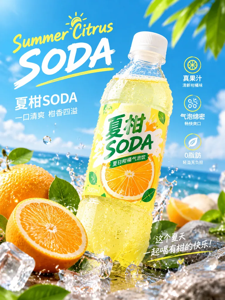 Summer ad photo of a 500ml citrus soda PET bottle with fresh fruit and bold headline
