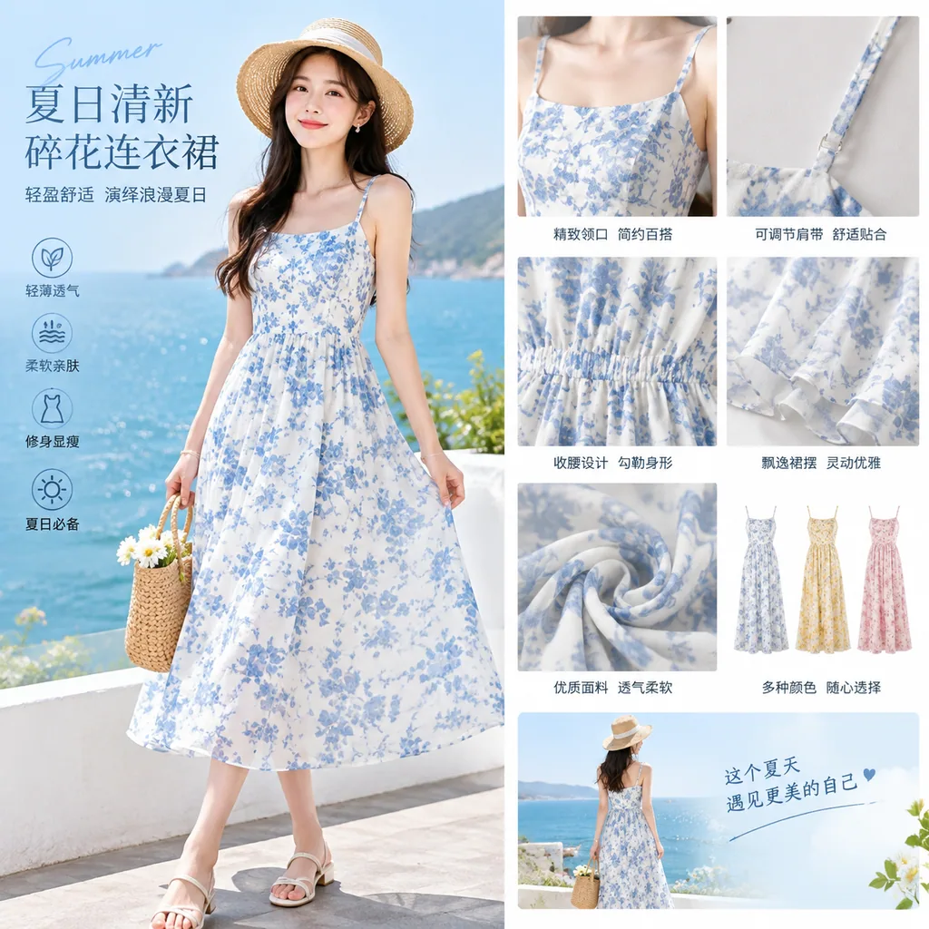 Ecommerce detail page for a breezy summer dress with model shots and size notes