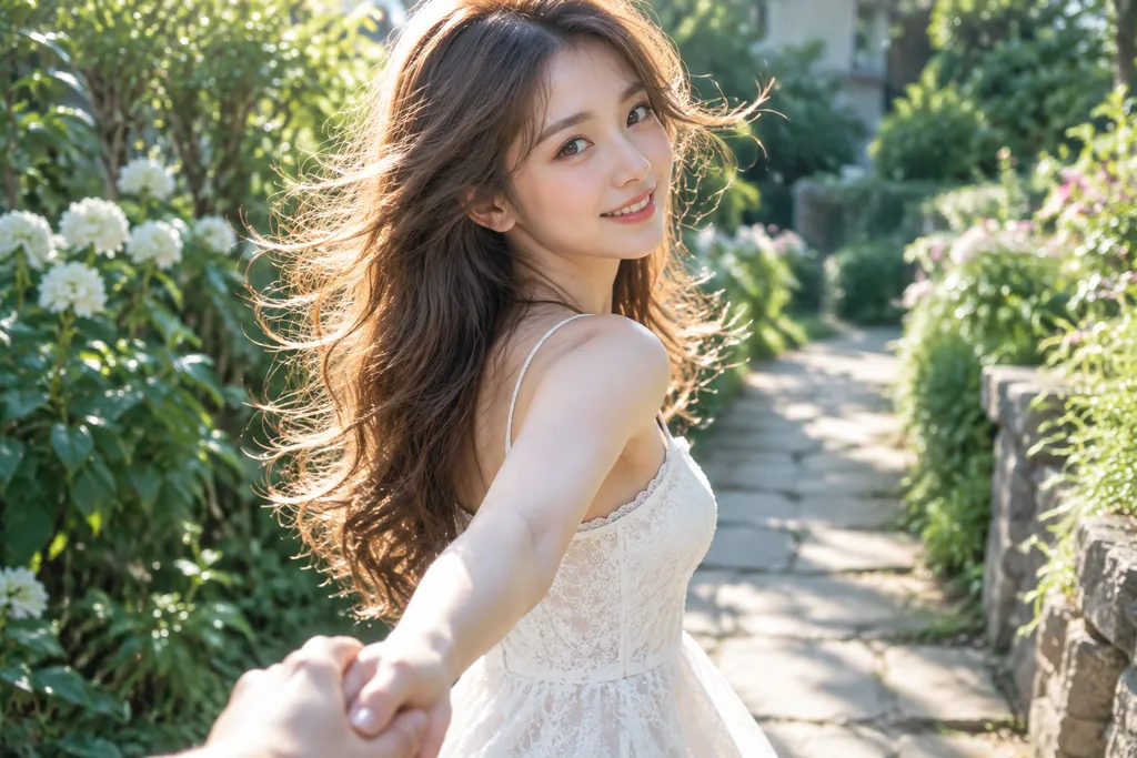Woman walking on a garden stone path glancing back while holding a hand behind her