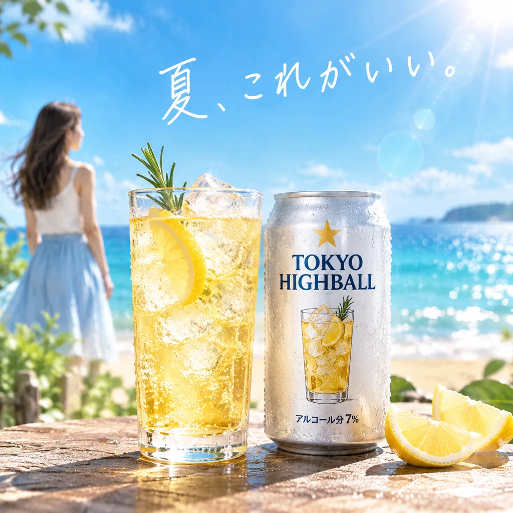 Iced highball glass and a cold can on a wooden table with a sunny beach behind