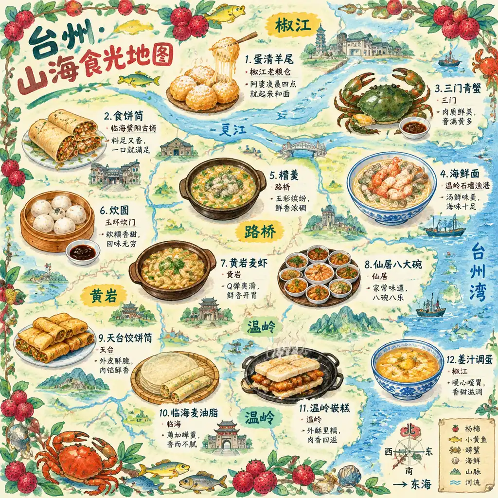 Hand-drawn watercolor food map of Taizhou with twelve illustrated local dishes