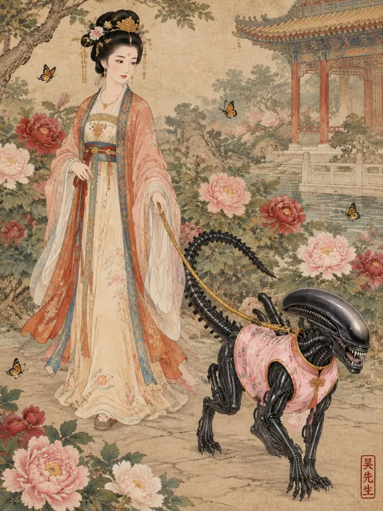 Gongbi painting of a Tang dynasty lady walking an alien monster in a pink silk vest on a leash