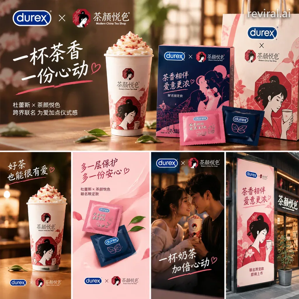 Set of co-branded promotional materials for a tea shop collaboration campaign