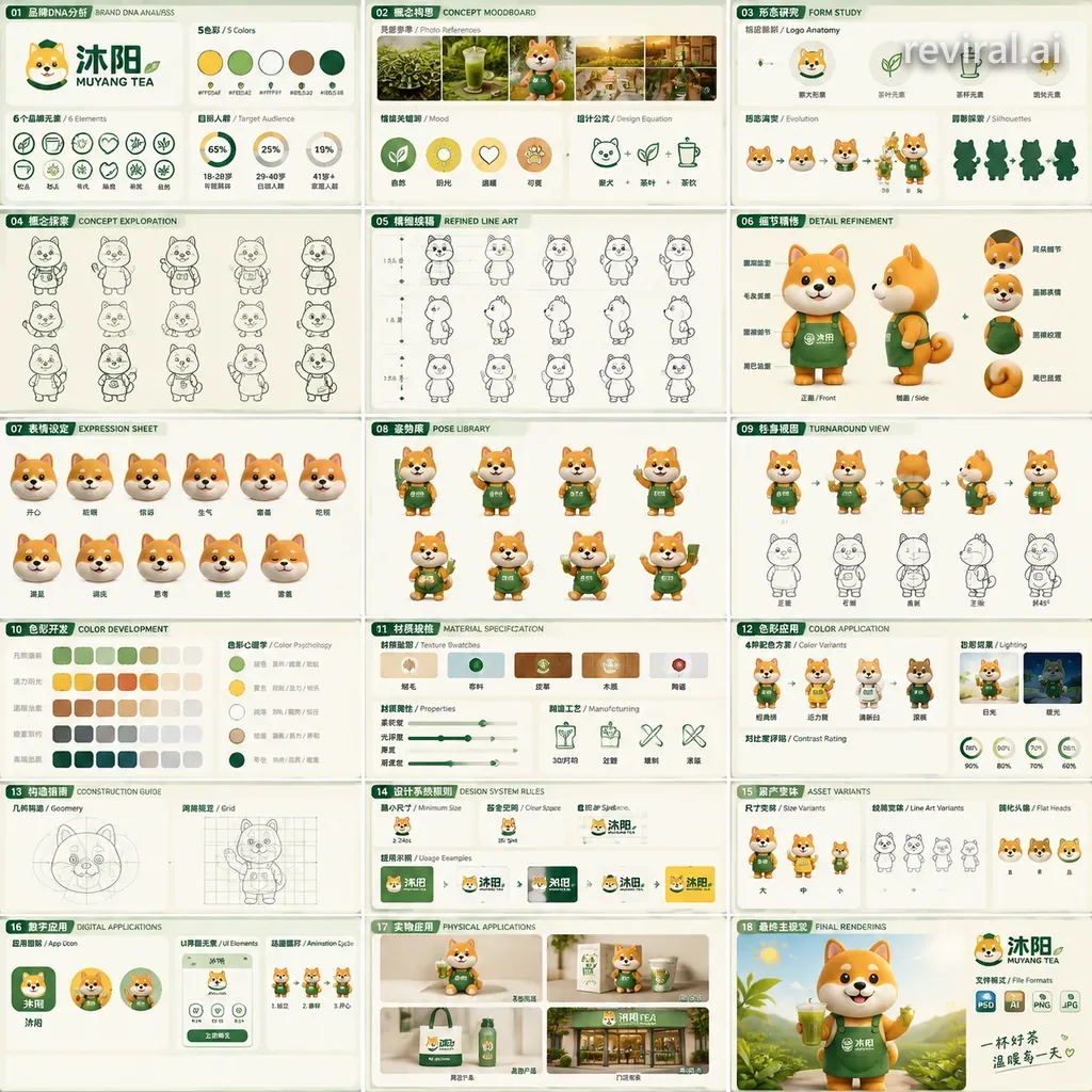 18-panel brand book for a tea shop with a Shiba Inu mascot, colors and merchandise