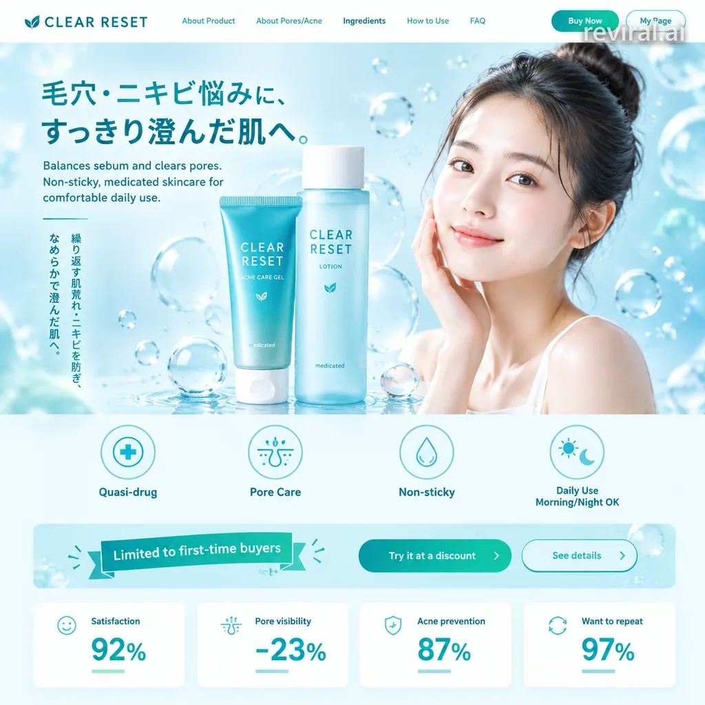 Fresh teal skincare landing page with water bubbles, product bottles and Buy Now buttons