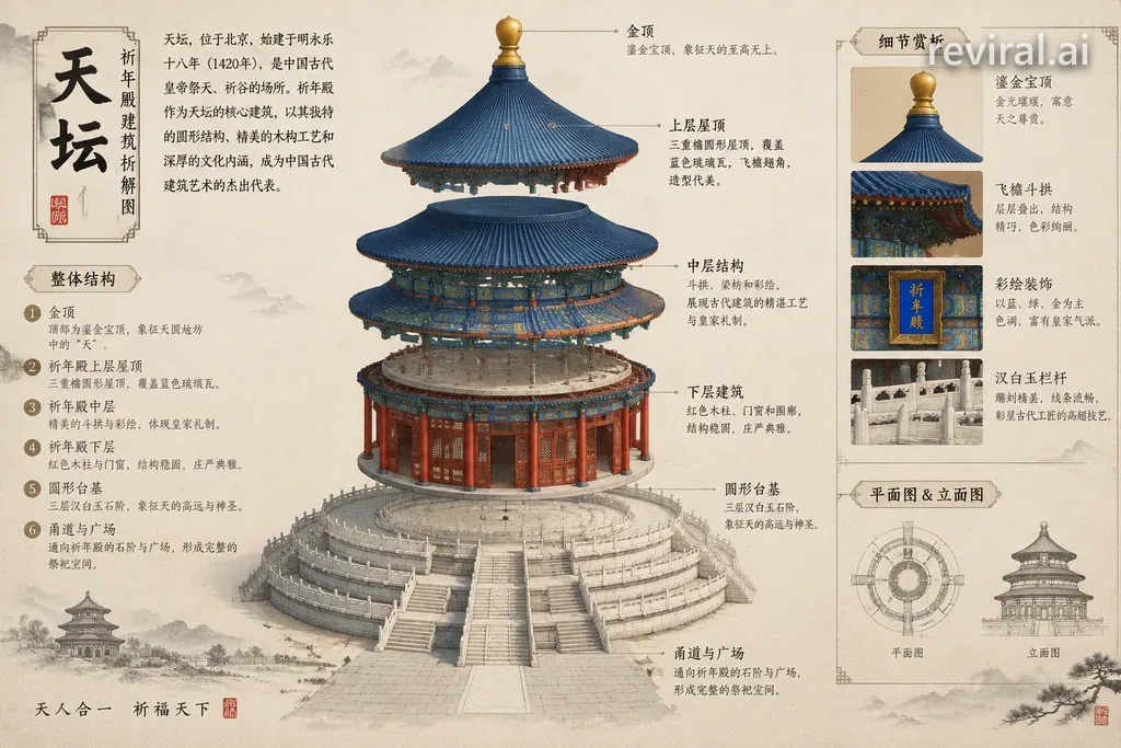 Exploded architectural diagram of the Temple of Heaven with detailed Chinese annotations