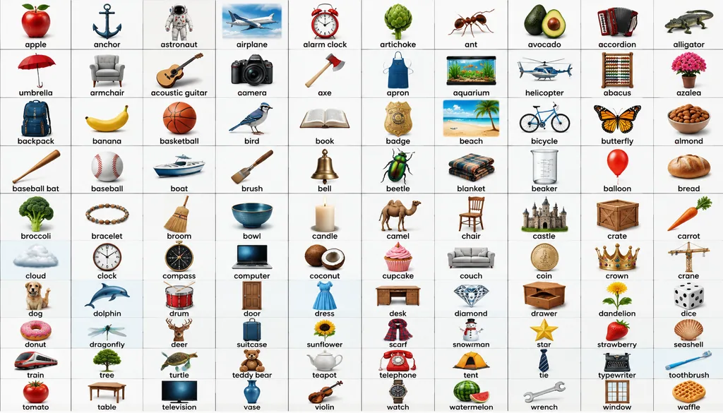 A 10x10 grid of illustrated objects whose names all start with the letter A