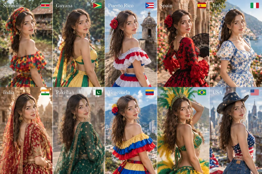 Five by two collage of one woman wearing traditional dress from ten countries
