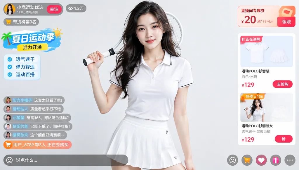 Livestream shopping screen of a woman in a white tennis outfit with coupons and product cards