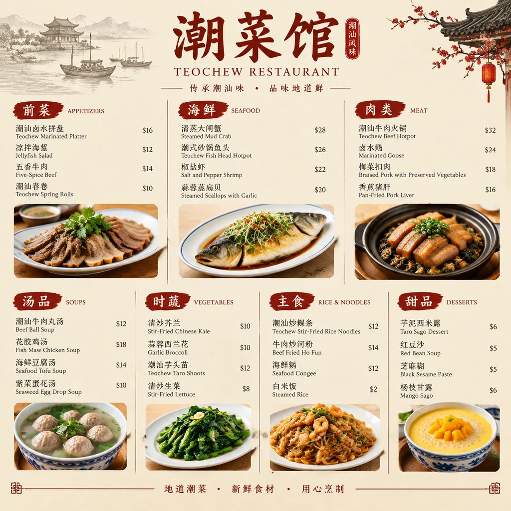 Elegant menu for a Teochew Chinese restaurant with dish photos, names and prices