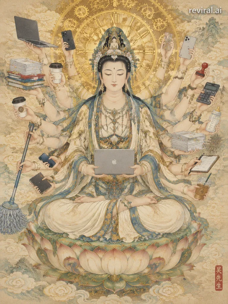 Gongbi Guanyin whose thousand hands hold laptops, phones, coffee and office supplies