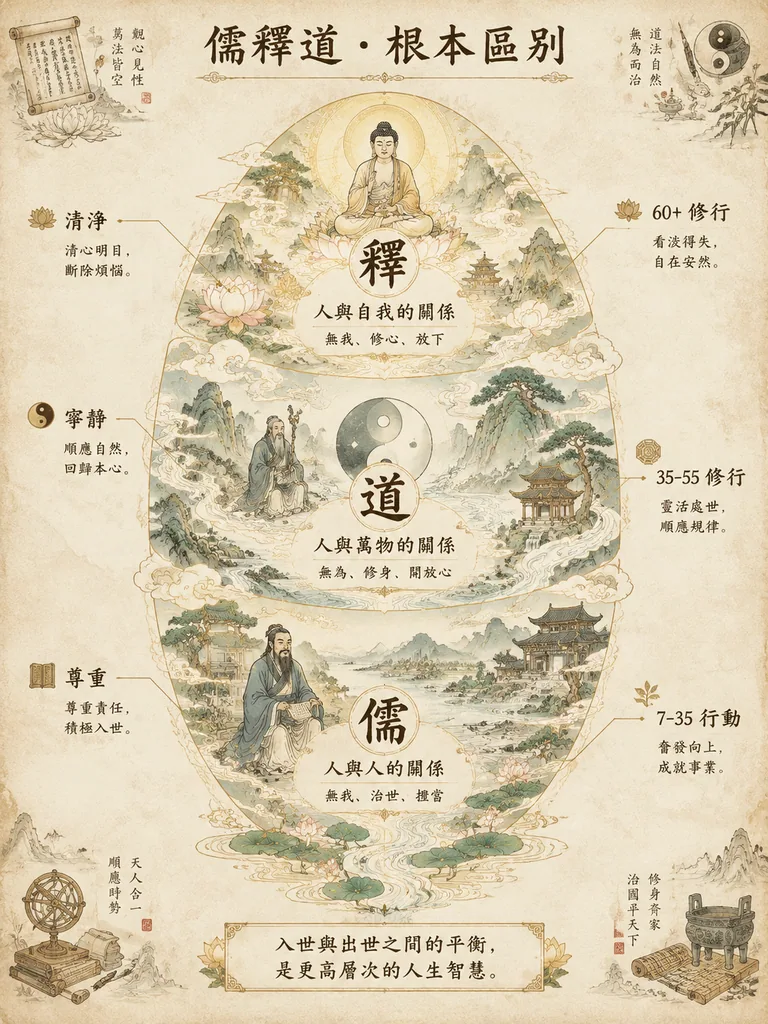 Parchment manuscript infographic comparing Confucianism, Buddhism and Taoism in an egg-shaped layered diagram