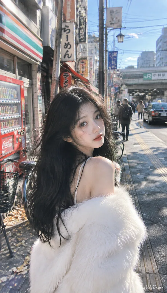 Film-style candid street portrait in a sunny Tokyo backstreet near a train station