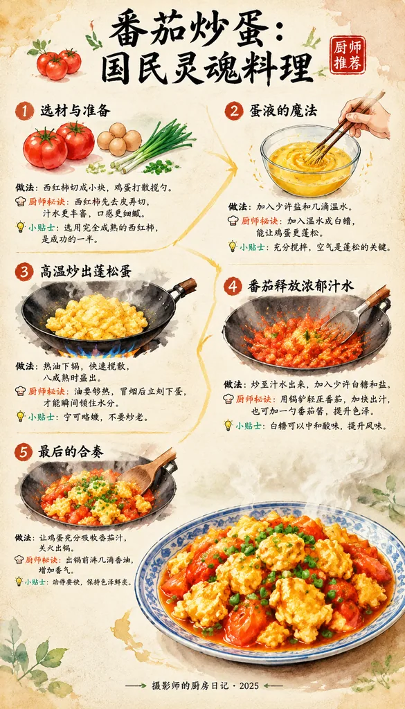 Vertical watercolor recipe infographic for tomato and egg stir fry on washi paper