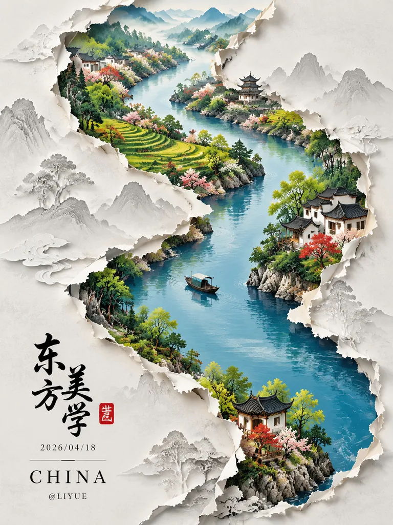 Pale paper scene split by an S-shaped tear revealing a colorful Chinese river landscape inside