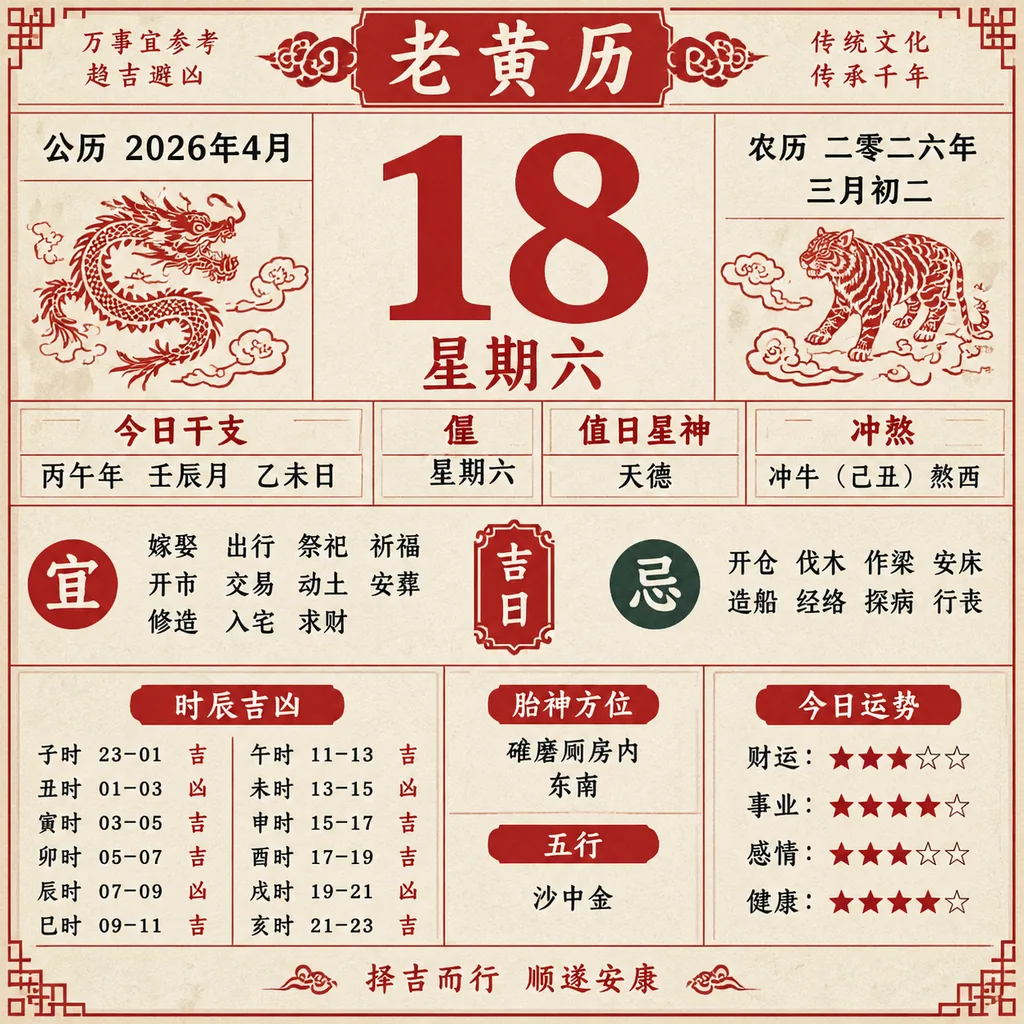 Vintage Chinese almanac page for April 18, 2026 with auspicious and inauspicious activities