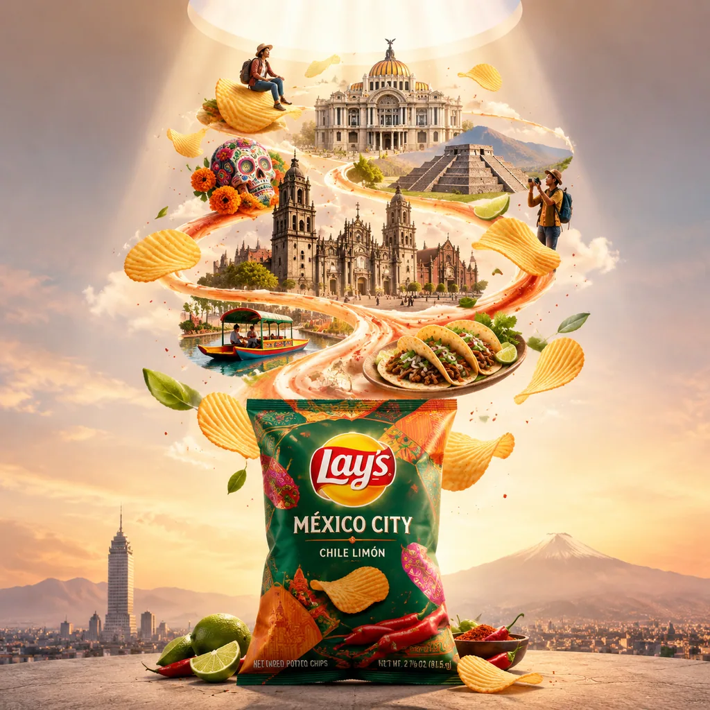 Premium chips ad poster with a snack packet and Mexico City landmarks and food