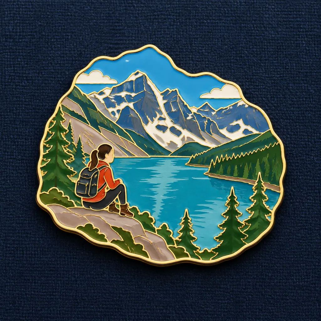 Enamel pin badge turning a travel photo landscape and a small figure into a souvenir scene