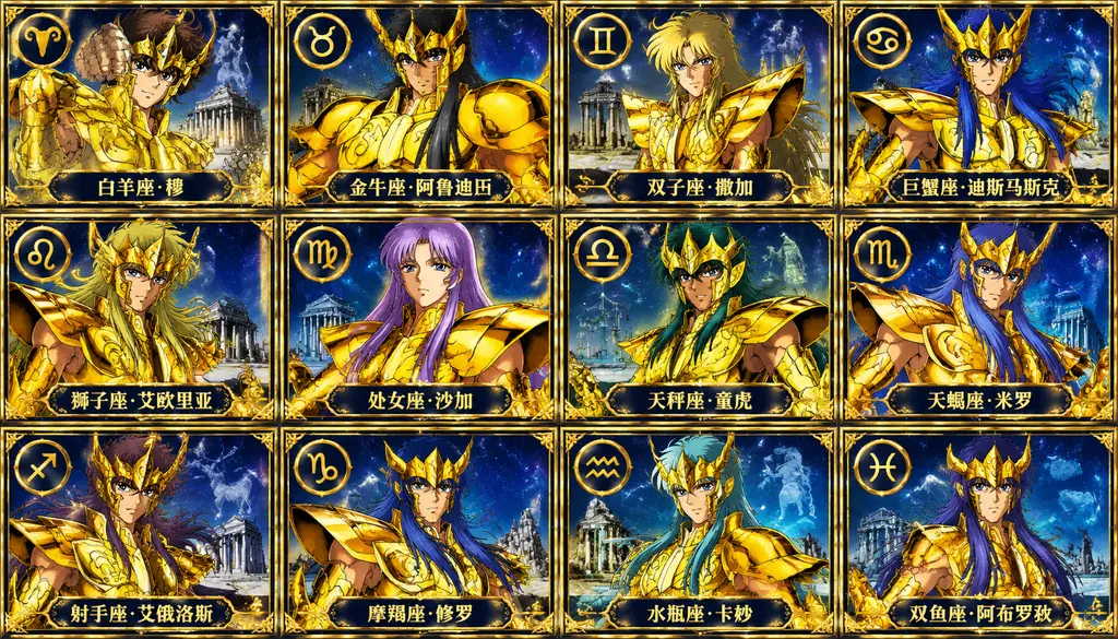 16:9 grid of twelve gold-armored anime warrior cards labeled with Chinese names